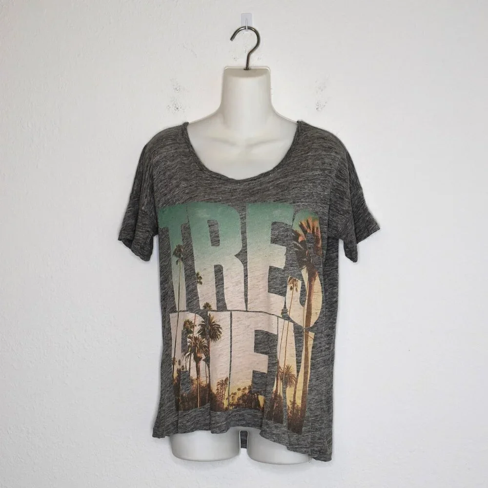 J Crew 100% Linen Graphic Tee Sz XS Tres Bien Relaxed Fit Slouchy Boho Beachy